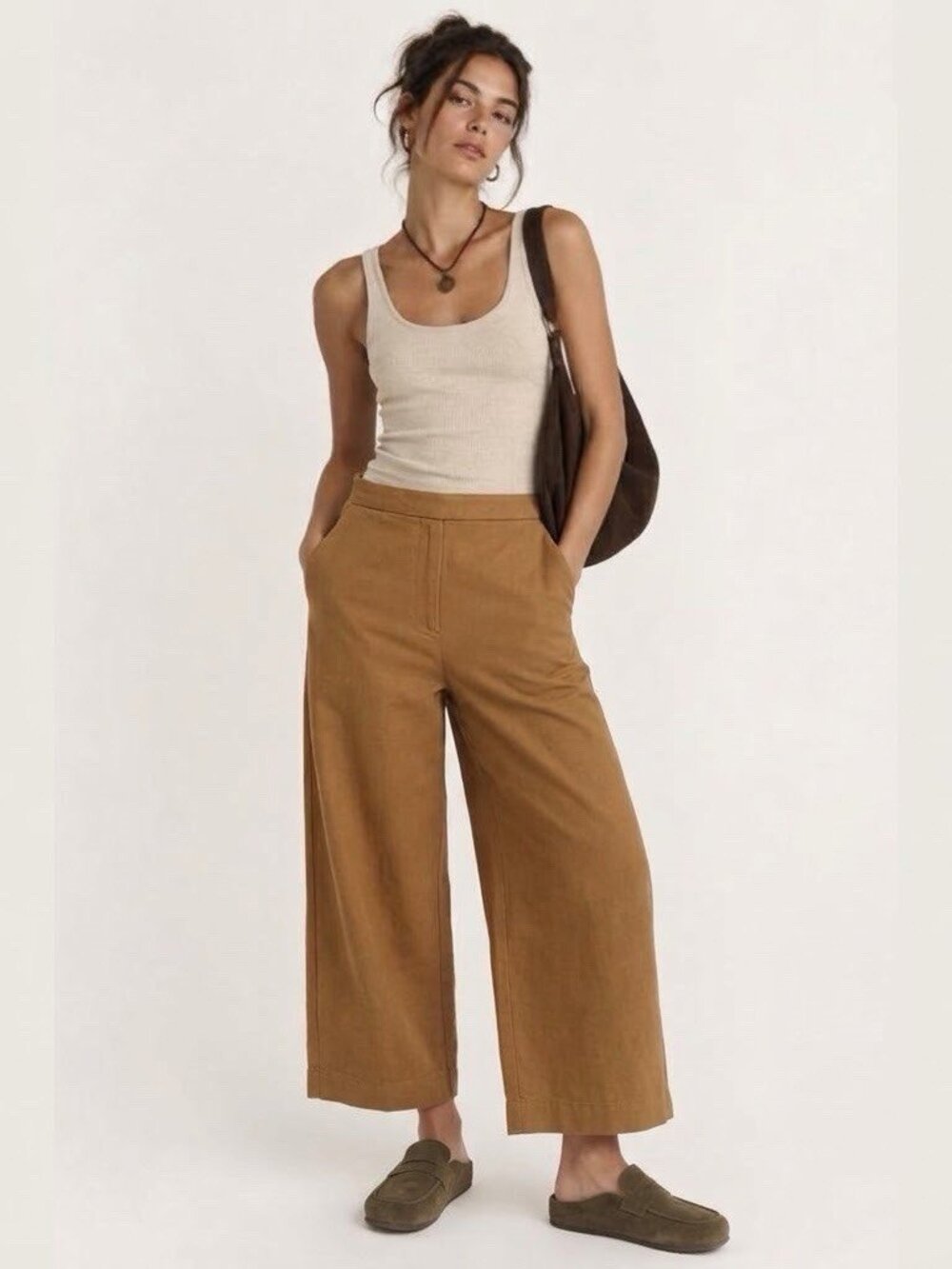 NEW MANGO Camel Brown Crop Wide Leg Pants XSMALL High Rise Fall Women XS